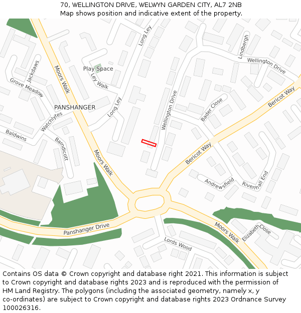 70, WELLINGTON DRIVE, WELWYN GARDEN CITY, AL7 2NB: Location map and indicative extent of plot