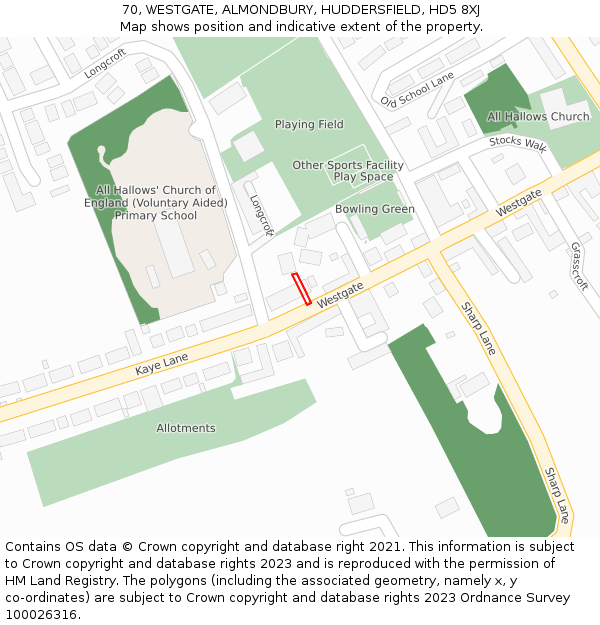 70, WESTGATE, ALMONDBURY, HUDDERSFIELD, HD5 8XJ: Location map and indicative extent of plot