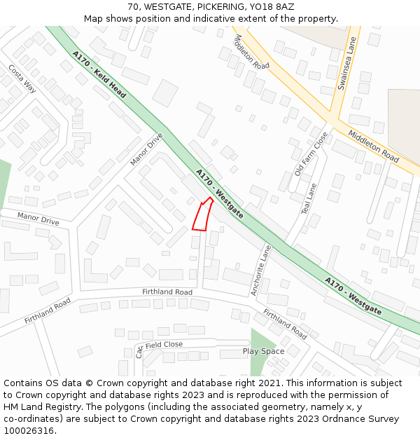 70, WESTGATE, PICKERING, YO18 8AZ: Location map and indicative extent of plot