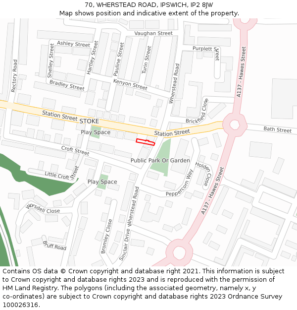 70, WHERSTEAD ROAD, IPSWICH, IP2 8JW: Location map and indicative extent of plot