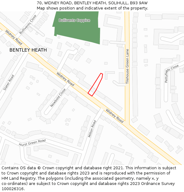 70, WIDNEY ROAD, BENTLEY HEATH, SOLIHULL, B93 9AW: Location map and indicative extent of plot