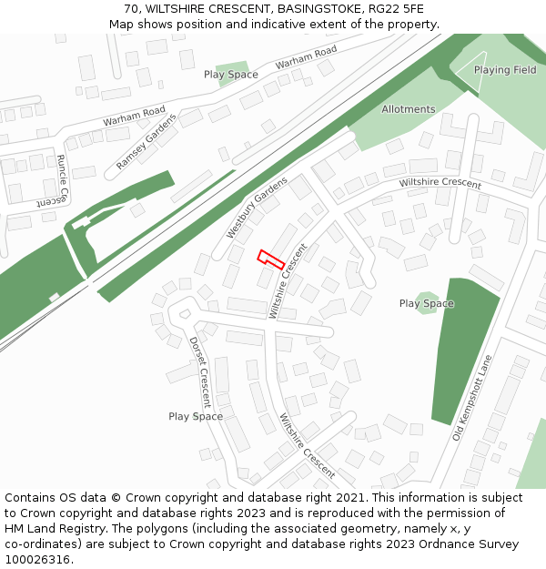 70, WILTSHIRE CRESCENT, BASINGSTOKE, RG22 5FE: Location map and indicative extent of plot