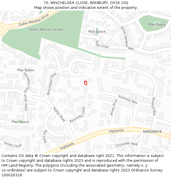 70, WINCHELSEA CLOSE, BANBURY, OX16 1XQ: Location map and indicative extent of plot