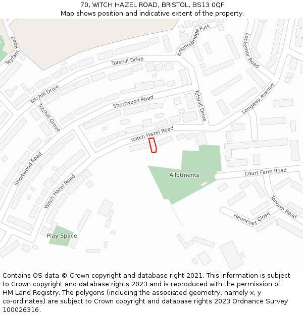 70, WITCH HAZEL ROAD, BRISTOL, BS13 0QF: Location map and indicative extent of plot