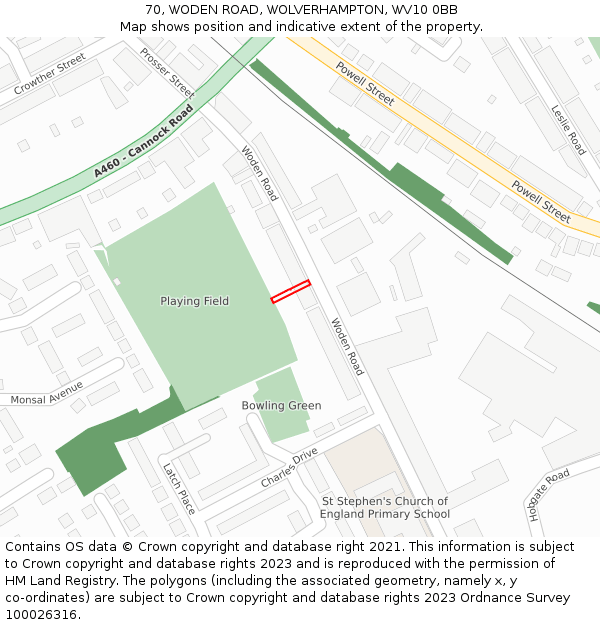 70, WODEN ROAD, WOLVERHAMPTON, WV10 0BB: Location map and indicative extent of plot