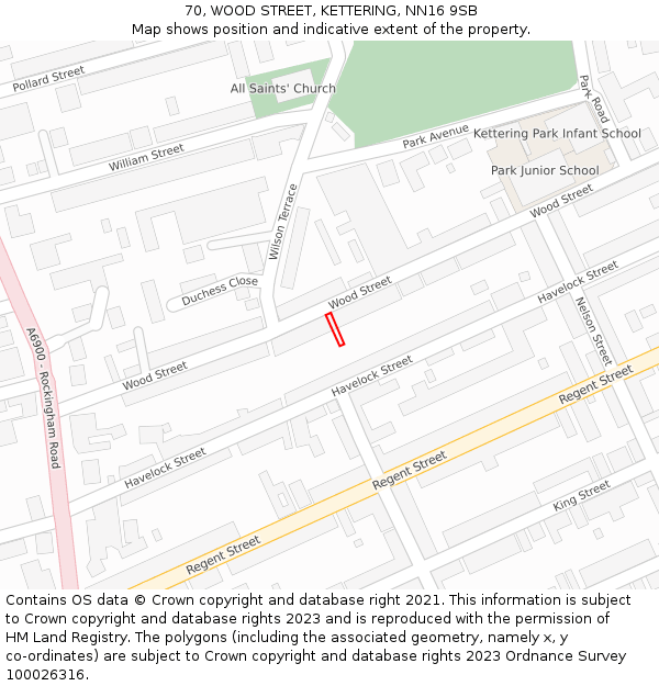 70, WOOD STREET, KETTERING, NN16 9SB: Location map and indicative extent of plot