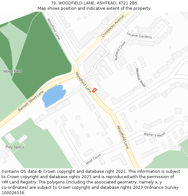 70, WOODFIELD LANE, ASHTEAD, KT21 2BS: Location map and indicative extent of plot