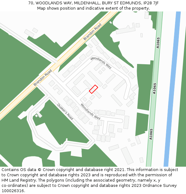 70, WOODLANDS WAY, MILDENHALL, BURY ST EDMUNDS, IP28 7JF: Location map and indicative extent of plot
