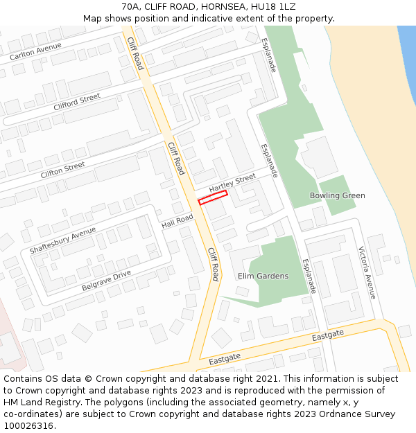 70A, CLIFF ROAD, HORNSEA, HU18 1LZ: Location map and indicative extent of plot