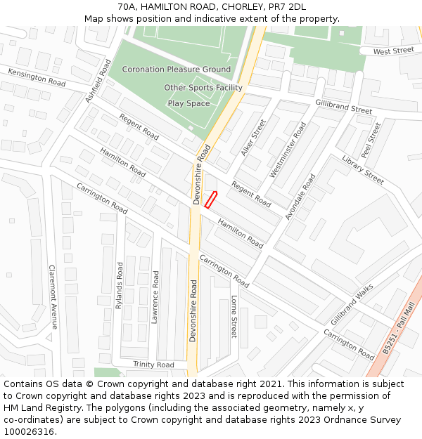 70A, HAMILTON ROAD, CHORLEY, PR7 2DL: Location map and indicative extent of plot