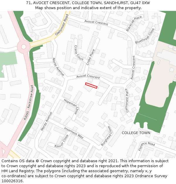 71, AVOCET CRESCENT, COLLEGE TOWN, SANDHURST, GU47 0XW: Location map and indicative extent of plot