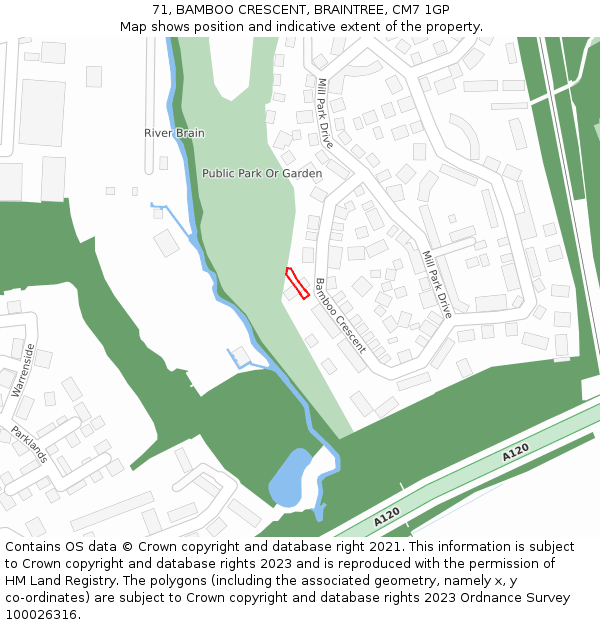 71, BAMBOO CRESCENT, BRAINTREE, CM7 1GP: Location map and indicative extent of plot
