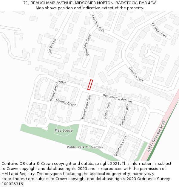 71, BEAUCHAMP AVENUE, MIDSOMER NORTON, RADSTOCK, BA3 4FW: Location map and indicative extent of plot