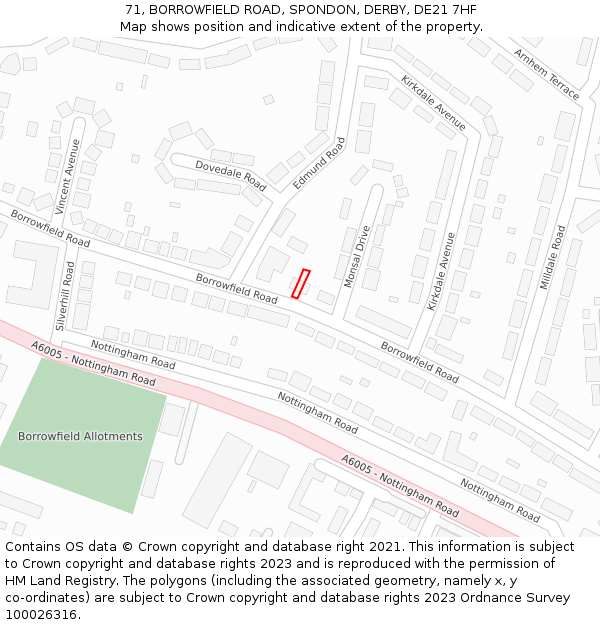 71, BORROWFIELD ROAD, SPONDON, DERBY, DE21 7HF: Location map and indicative extent of plot