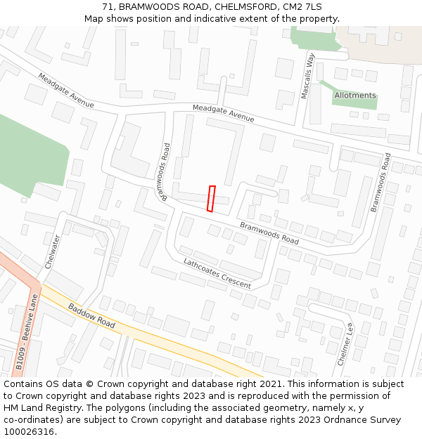 71, BRAMWOODS ROAD, CHELMSFORD, CM2 7LS: Location map and indicative extent of plot