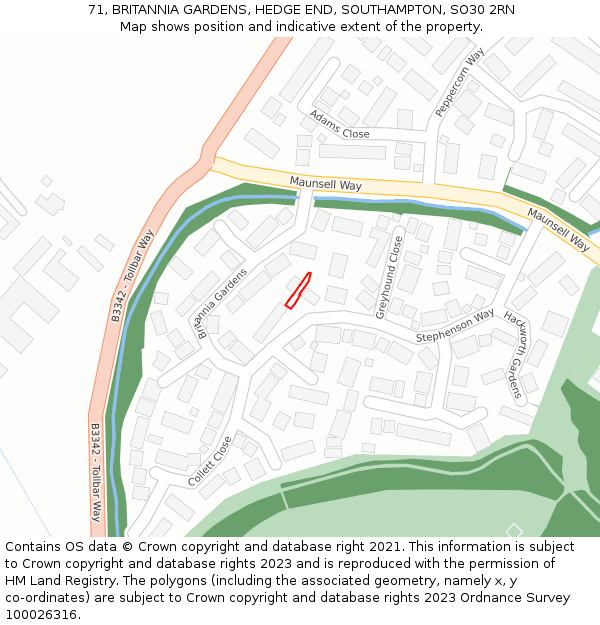 71, BRITANNIA GARDENS, HEDGE END, SOUTHAMPTON, SO30 2RN: Location map and indicative extent of plot
