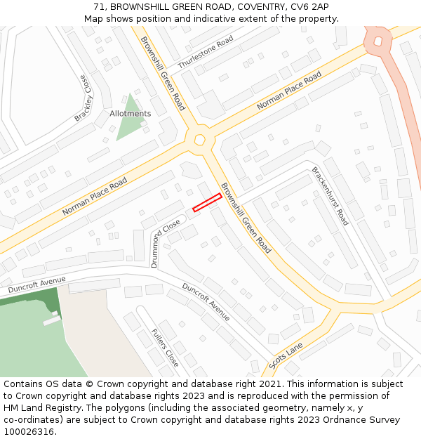 71, BROWNSHILL GREEN ROAD, COVENTRY, CV6 2AP: Location map and indicative extent of plot