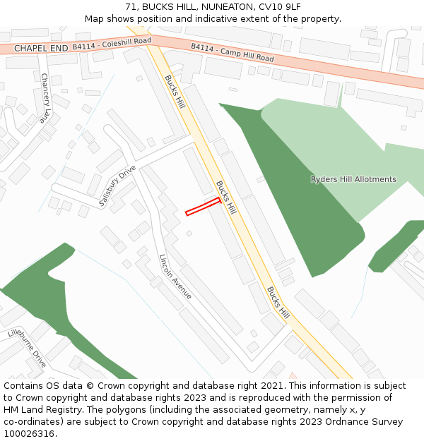 71, BUCKS HILL, NUNEATON, CV10 9LF: Location map and indicative extent of plot