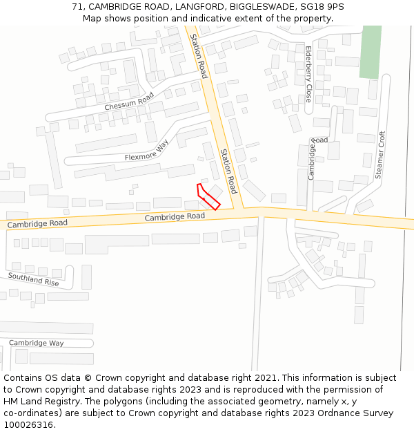 71, CAMBRIDGE ROAD, LANGFORD, BIGGLESWADE, SG18 9PS: Location map and indicative extent of plot