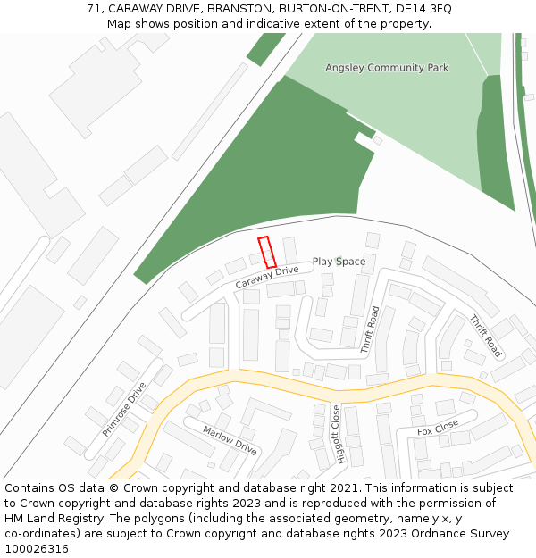 71, CARAWAY DRIVE, BRANSTON, BURTON-ON-TRENT, DE14 3FQ: Location map and indicative extent of plot