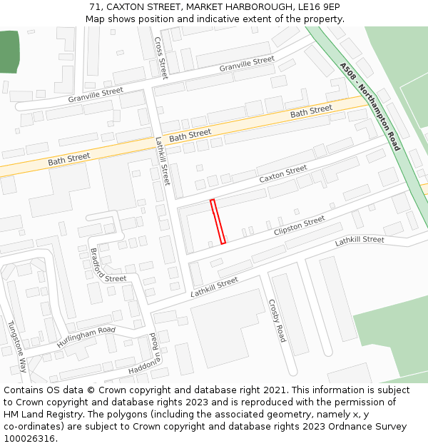 71, CAXTON STREET, MARKET HARBOROUGH, LE16 9EP: Location map and indicative extent of plot