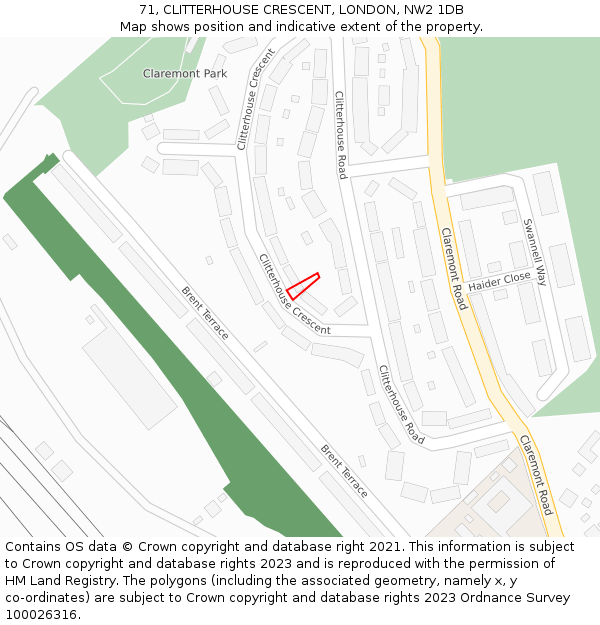 71, CLITTERHOUSE CRESCENT, LONDON, NW2 1DB: Location map and indicative extent of plot