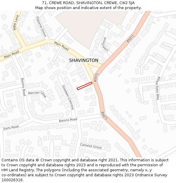 71, CREWE ROAD, SHAVINGTON, CREWE, CW2 5JA: Location map and indicative extent of plot