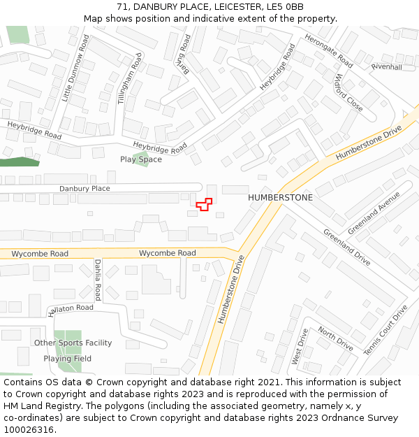 71, DANBURY PLACE, LEICESTER, LE5 0BB: Location map and indicative extent of plot