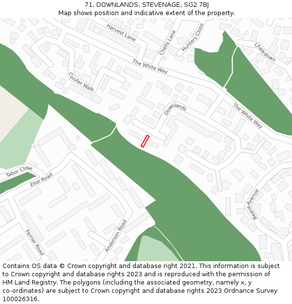 71, DOWNLANDS, STEVENAGE, SG2 7BJ: Location map and indicative extent of plot