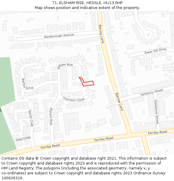 71, ELSHAM RISE, HESSLE, HU13 0HP: Location map and indicative extent of plot
