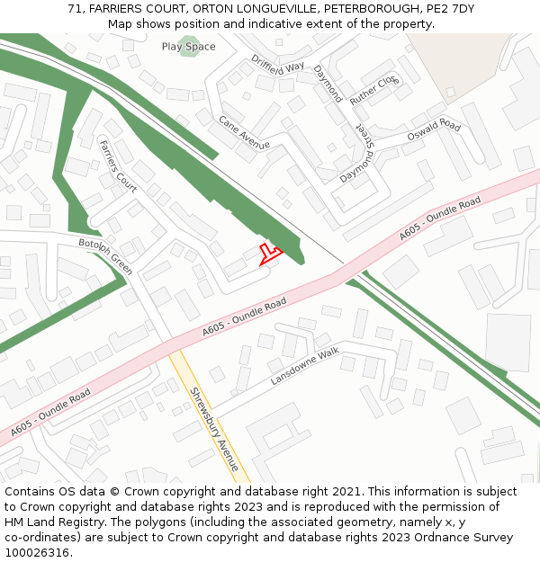 71, FARRIERS COURT, ORTON LONGUEVILLE, PETERBOROUGH, PE2 7DY: Location map and indicative extent of plot