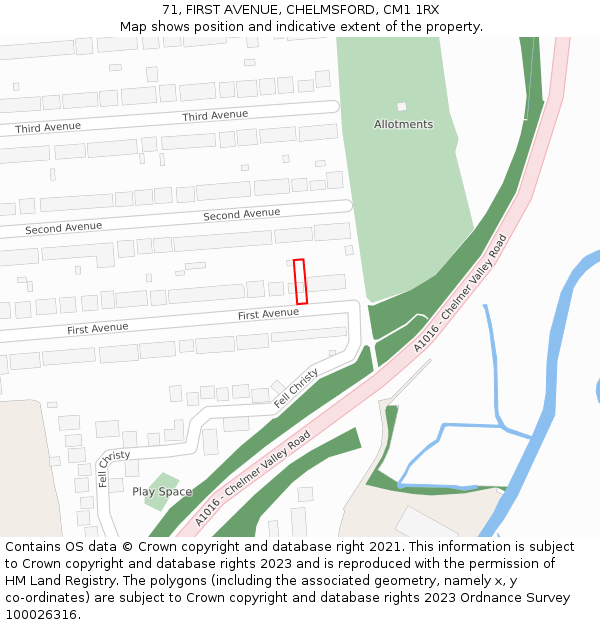 71, FIRST AVENUE, CHELMSFORD, CM1 1RX: Location map and indicative extent of plot