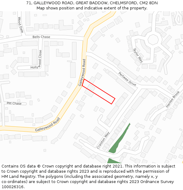 71, GALLEYWOOD ROAD, GREAT BADDOW, CHELMSFORD, CM2 8DN: Location map and indicative extent of plot