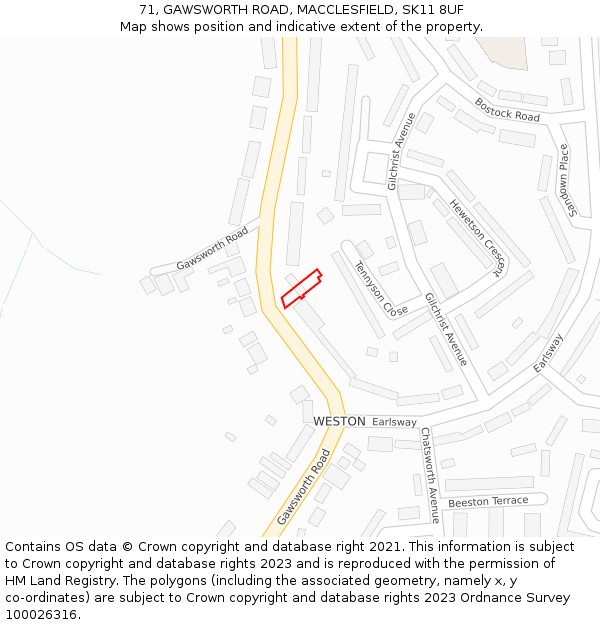 71, GAWSWORTH ROAD, MACCLESFIELD, SK11 8UF: Location map and indicative extent of plot