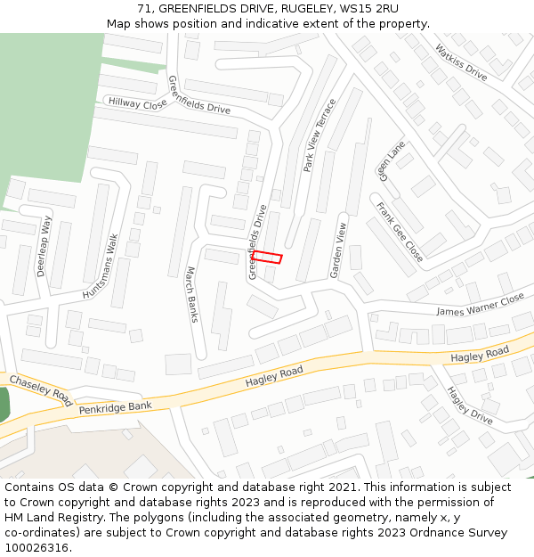 71, GREENFIELDS DRIVE, RUGELEY, WS15 2RU: Location map and indicative extent of plot