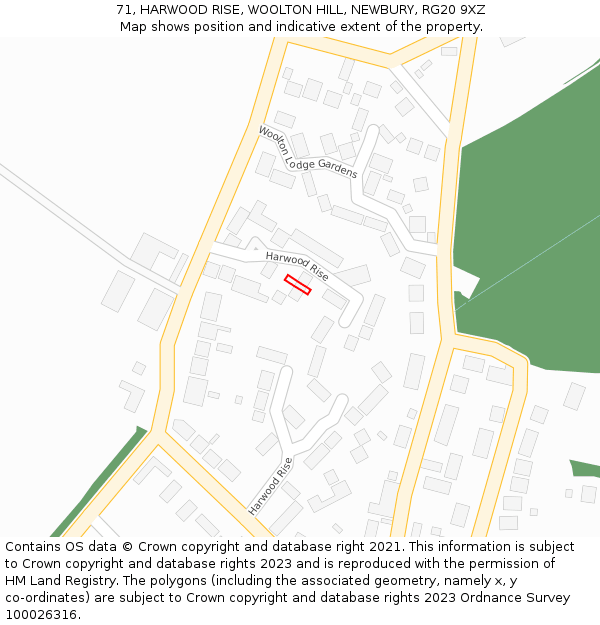 71, HARWOOD RISE, WOOLTON HILL, NEWBURY, RG20 9XZ: Location map and indicative extent of plot