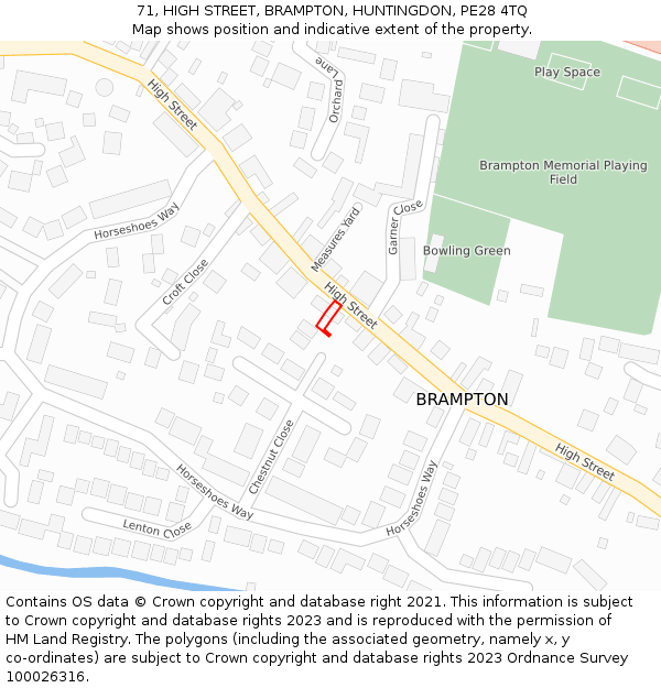 71, HIGH STREET, BRAMPTON, HUNTINGDON, PE28 4TQ: Location map and indicative extent of plot