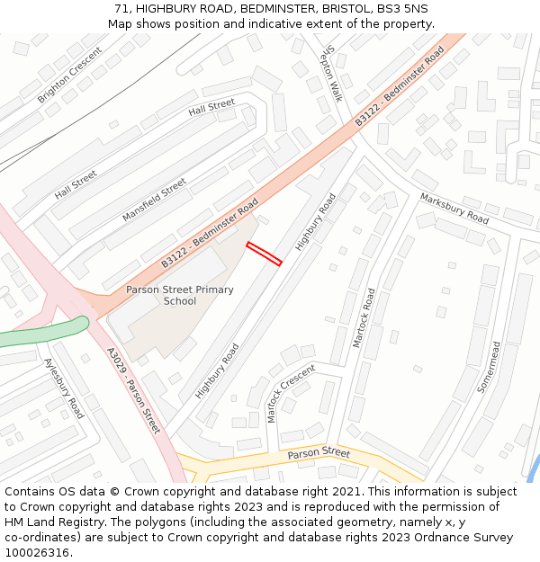 71, HIGHBURY ROAD, BEDMINSTER, BRISTOL, BS3 5NS: Location map and indicative extent of plot