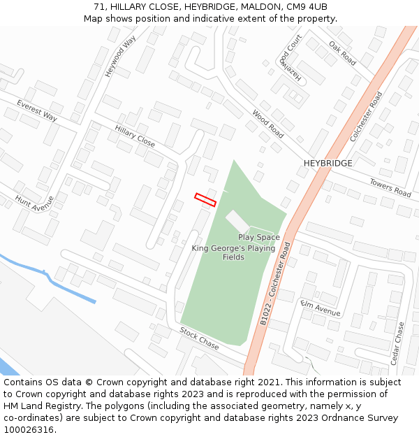 71, HILLARY CLOSE, HEYBRIDGE, MALDON, CM9 4UB: Location map and indicative extent of plot