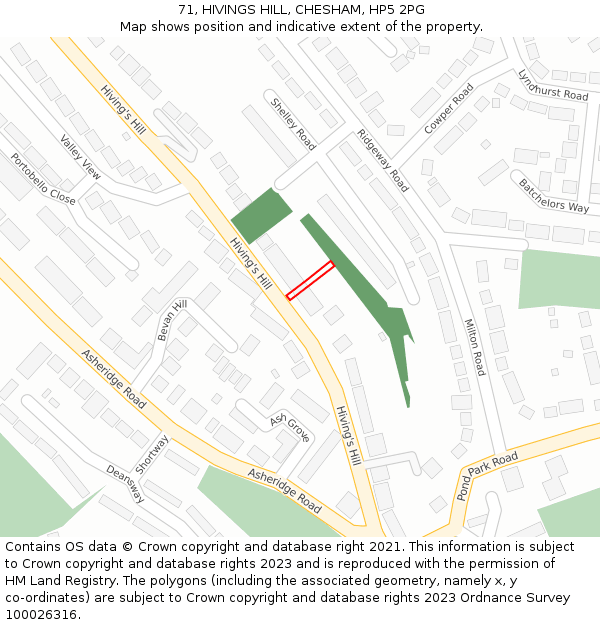 71, HIVINGS HILL, CHESHAM, HP5 2PG: Location map and indicative extent of plot