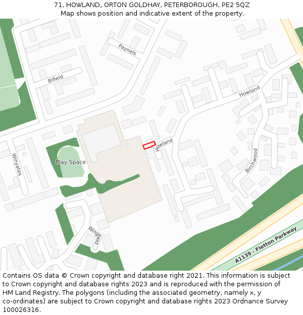 71, HOWLAND, ORTON GOLDHAY, PETERBOROUGH, PE2 5QZ: Location map and indicative extent of plot