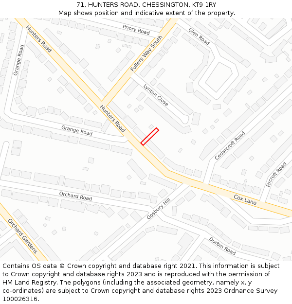 71, HUNTERS ROAD, CHESSINGTON, KT9 1RY: Location map and indicative extent of plot
