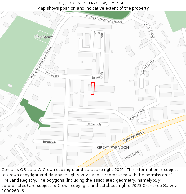 71, JEROUNDS, HARLOW, CM19 4HF: Location map and indicative extent of plot