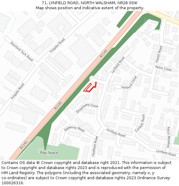 71, LYNFIELD ROAD, NORTH WALSHAM, NR28 0SW: Location map and indicative extent of plot
