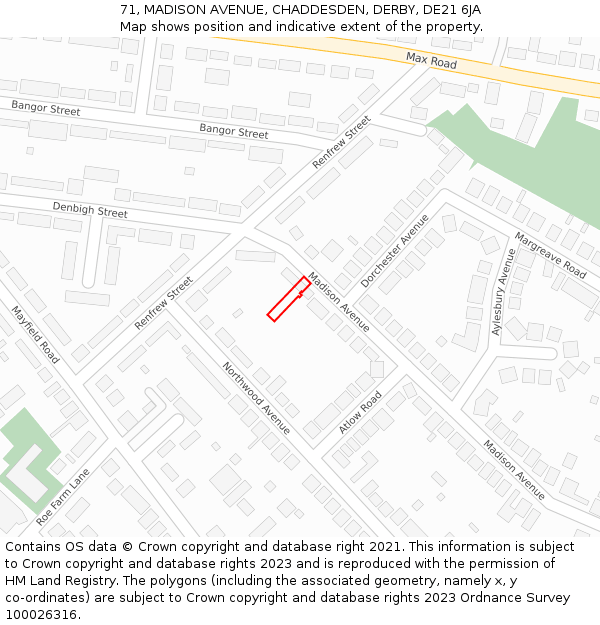 71, MADISON AVENUE, CHADDESDEN, DERBY, DE21 6JA: Location map and indicative extent of plot