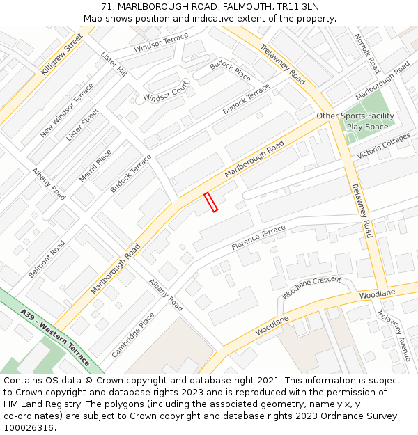 71, MARLBOROUGH ROAD, FALMOUTH, TR11 3LN: Location map and indicative extent of plot
