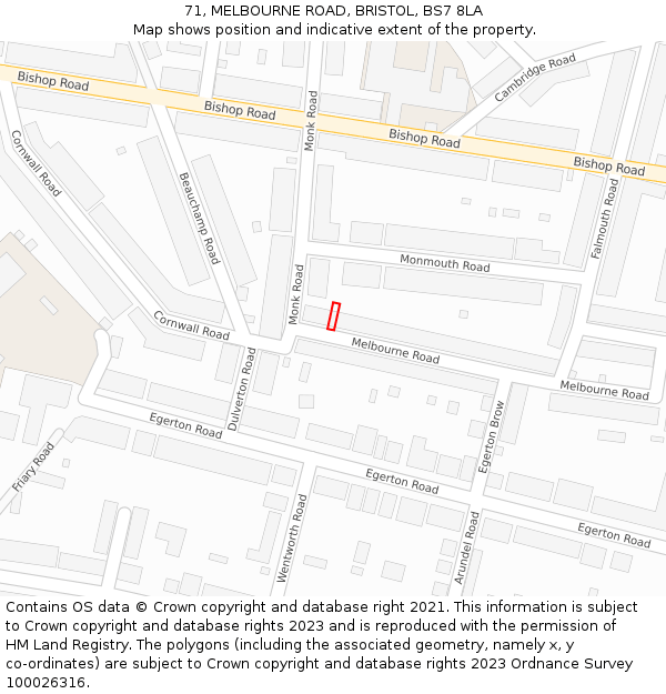 71, MELBOURNE ROAD, BRISTOL, BS7 8LA: Location map and indicative extent of plot