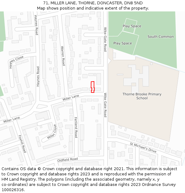 71, MILLER LANE, THORNE, DONCASTER, DN8 5ND: Location map and indicative extent of plot
