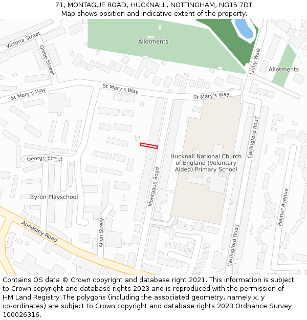 71, MONTAGUE ROAD, HUCKNALL, NOTTINGHAM, NG15 7DT: Location map and indicative extent of plot