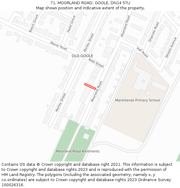 71, MOORLAND ROAD, GOOLE, DN14 5TU: Location map and indicative extent of plot